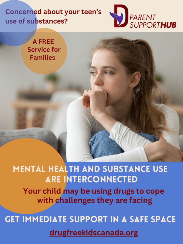 Parent Support Hub. Concerned about your teen's use of substances? 
A free service for families 
Mental Health and Substance use are interconnected 
Your child may be using drugs to cope with challenges they are facing. Get immediate support in a safe space. drugfreekidscanada.org 